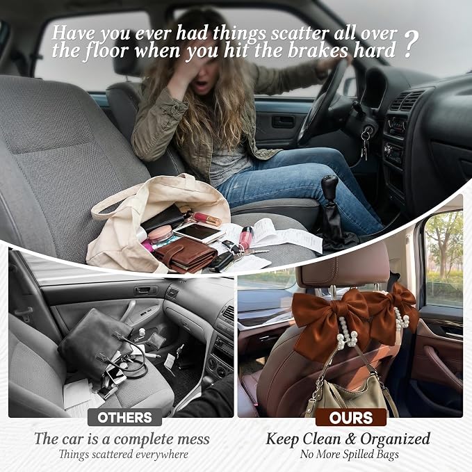 2PCS Satin Bow Pearl Car Seat Headrest Hooks – Car Bag Holder & Vehicle Hanger for Purses – Cute Coquette Aesthetic Interior Decoration – Cute Auto Organizer Accessories Universal (Woody Brown) - Image 4