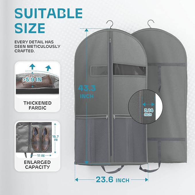 Lazebox 43" Travel Garment Bag with Accessories Zipper Pocket, Heavy Duty Suit Bag for Suits, Tuxedos, Dresses, Coats, Grey, 1 pack - Image 3