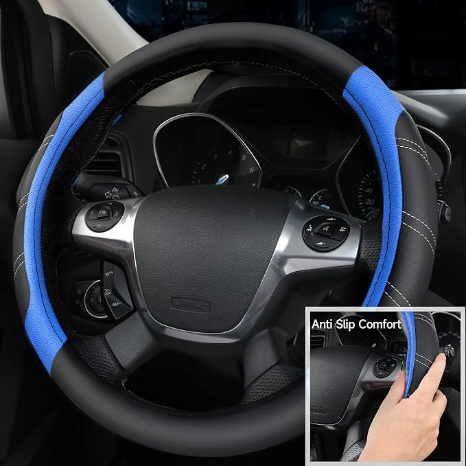 CAR PASS Leather Steering Wheel Cover and Waterproof Car Floor Mats,Microfiber Universal Car Combo Fit for 95% Sedan,SUV,Cars,14.5-15inch Sporty Anti-Slip Safety Comfortable Design(Black＆Blue) - Image 5