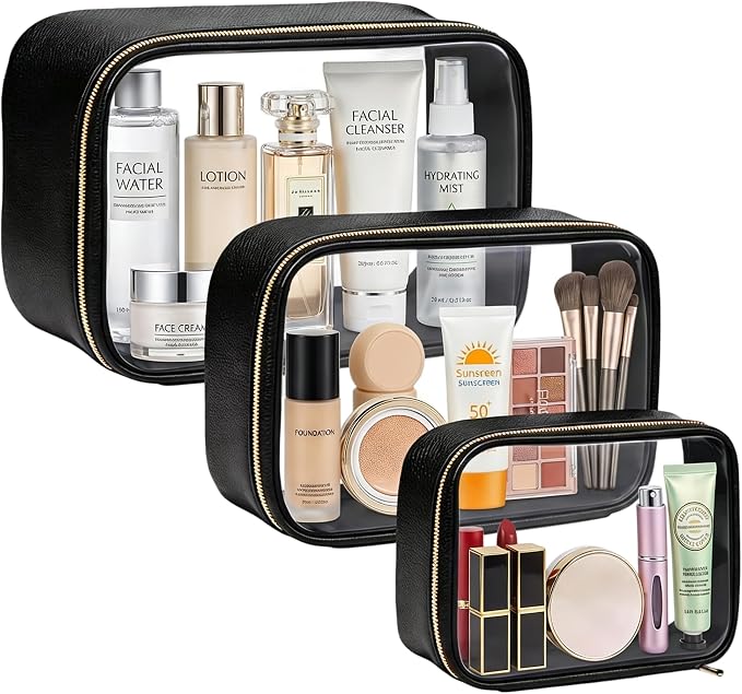 Clear Makeup Bags with Zipper, 3 Pack Clear Cosmetic Bag Set Makeup Organizer TSA Approved Travel Toiletry Bag for Carry-on & Checked Luggage Water Resistant Car Storage Organizer Women by FFpaw