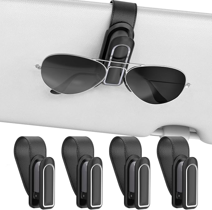 Veharvim Sunglass Holder for Car (2 Pack, One-Handed Operation, Gentle & Secure Hold, Silicone Padded, Universal Fits Sunglass and Car Visor) - Sunglasses Clip for Car Visor (Black & Silver, 4 Pack) by Veharvim