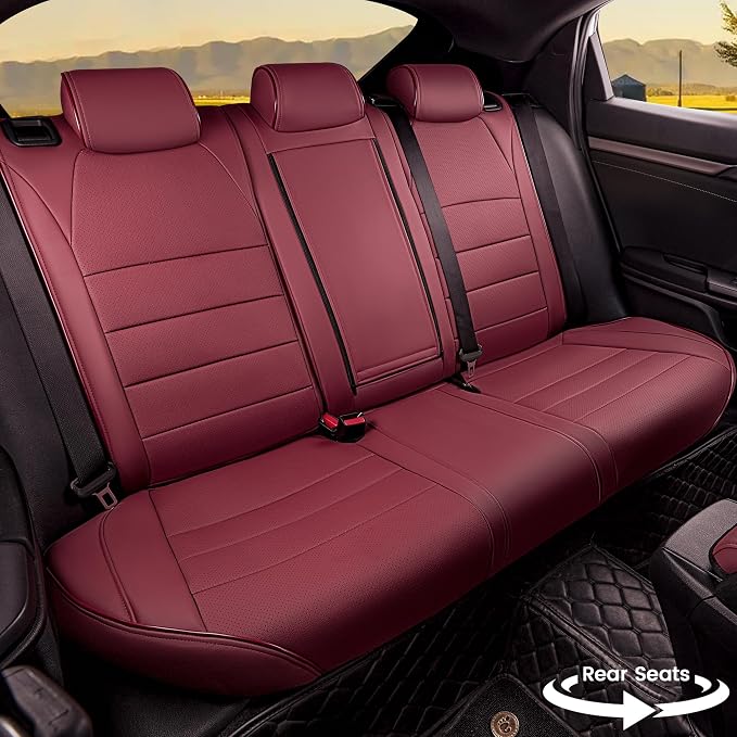 HKZ Custom Fit Civic Seat Covers for Honda Civic Sedan 2016 2017 2018 2019 2020 2021 LX (Not for LX-P)- 5-Seats Leather Full Set,Wine Red - Image 3