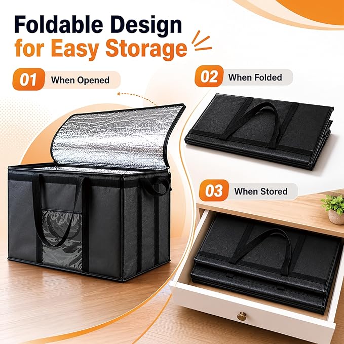 Insulated Food Bag, Portable Cooler Tote (XL Plus, Black, 2 Pack) | Large thermal bag, For cold & hot food, Soft sided cooler, Heavy duty carrier, Grocery shopping, Food delivery, Catering bag - Image 4