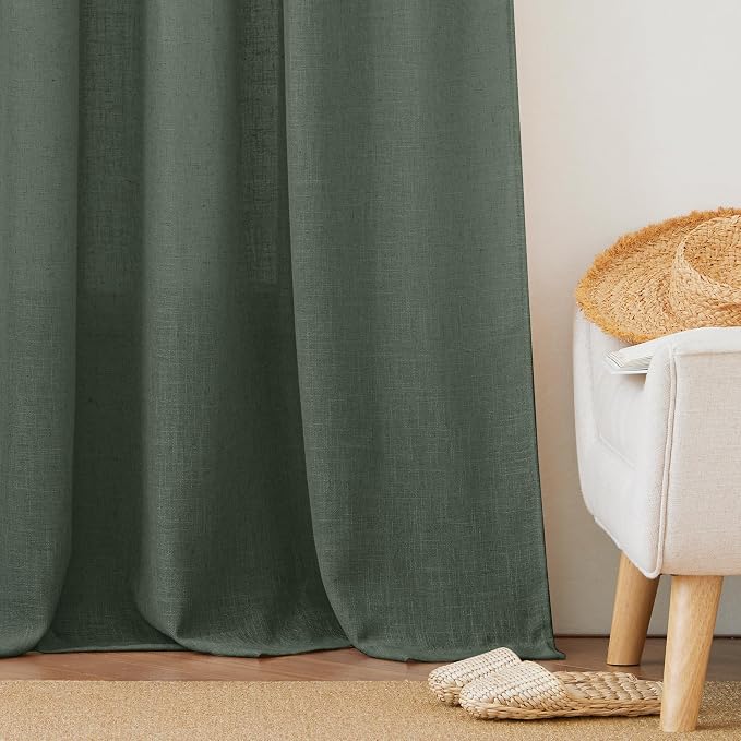 RYB HOME Green Linen Sheer Curtains 102 inches Long, Thick Heavy Textured Rod Pocket Machine Washable Privacy Assured for Living Room Bedroom, W 52 x L 102 inches, Hunter Green, 2 Panels - Image 6