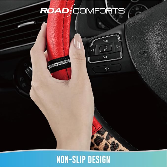 Road Comforts Leopard Steering Wheel Cover for Women, Cute Anti-Slip Microfiber Leather, Universal Fit 14.5-15 Inch Round Steering Wheel - Red - Image 8
