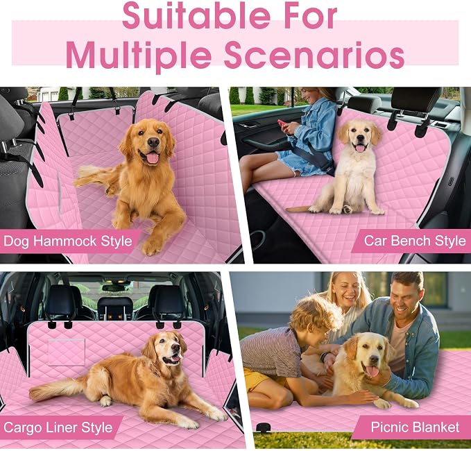 Waterproof Dog Car Seat Cover for Back Seat, Pet Hammock- L, Pink/Grey | Durable waterproof hammock with nonslip design & storage pockets. Protects seats from scratches, fits cars, SUVs & trucks. - Image 6