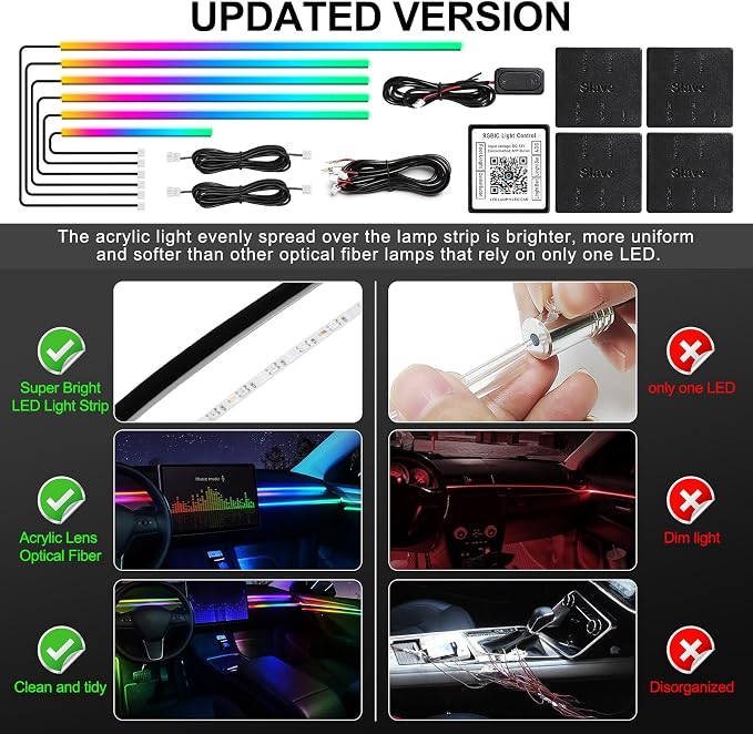 Dreamcolor Acrylic Interior Car LED Strip Light with Wireless APP, RGB 6 in 1 with 175 inches 612 LEDs Fiber Optic Car Ambient Lighting Kits, Dynamic Chasing Music Sync Neon LED Strip Lights for Car - Image 6
