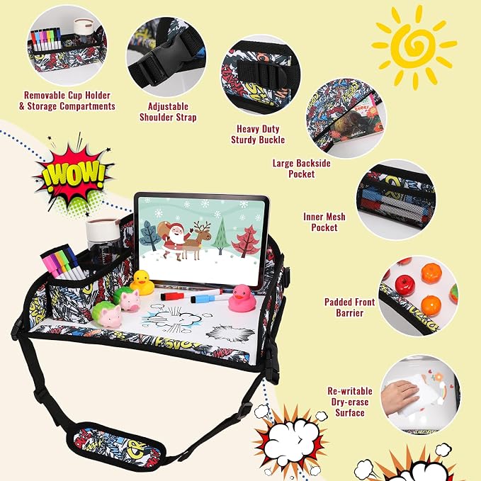 Kids Travel Tray for Airplane - Toddler Car Seat Table Tray, Road Trip Essentials for Boys & Girls, Carseat Lap Desk for Kids Road Trip Activities, Graffiti - Image 5