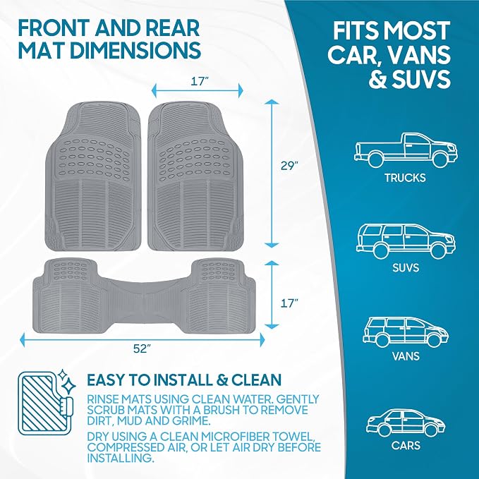 BDK ProLiner Car Floor Mats for Cars Trucks SUV, 3-Piece All-Weather Heavy Duty Rubber Liners with Universal Trimmable Fit, Durable Waterproof Vehicle Auto Floor Mats with Capture Ridges Gray - Image 7