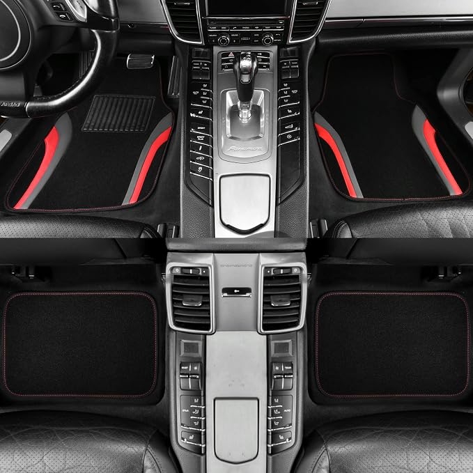 CAR PASS Leather Sporty Car Floor Mats Carpet, Universal Waterproof Automotive Floor Mat Fit for Sedans, Cars, Mid Trucks, Vans, SUV, Set of 4 (Black and Red) - Image 2