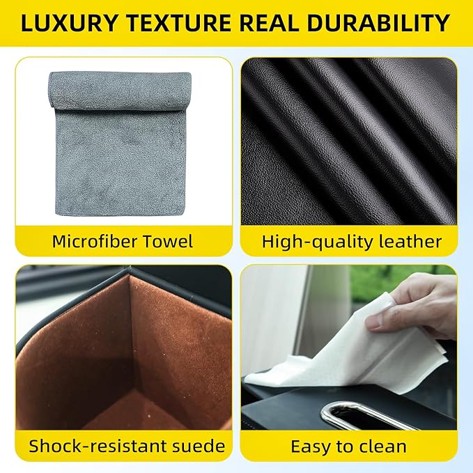 Back Seat Car Organizer with One Towel Leather Wood Materials (Black) | Tissue Box, 2 Drink Cup Holder, Phone Holder, Hook, Compatible with Most Vehicles - Image 4