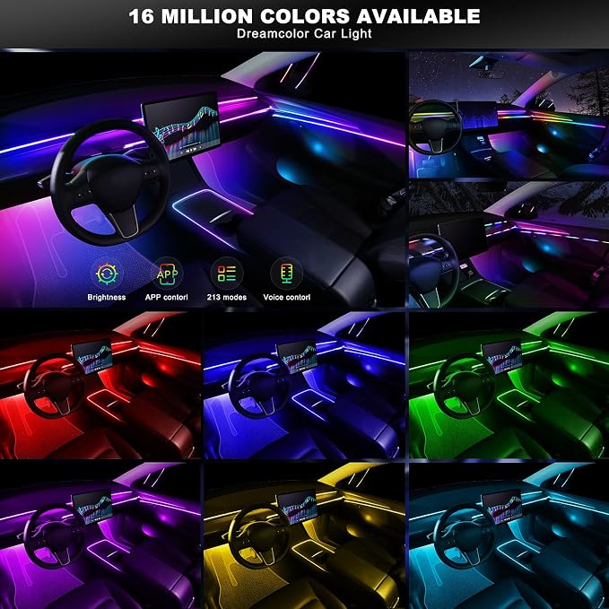 Dreamcolor Acrylic Interior Car LED Strip Light with Wireless APP, RGB 18 in 1 with 175 inches 612 LEDs Fiber Optic Strip Lights for Car, Dual Zone Music Sync Neon Car Ambient Lighting Kits - Image 4