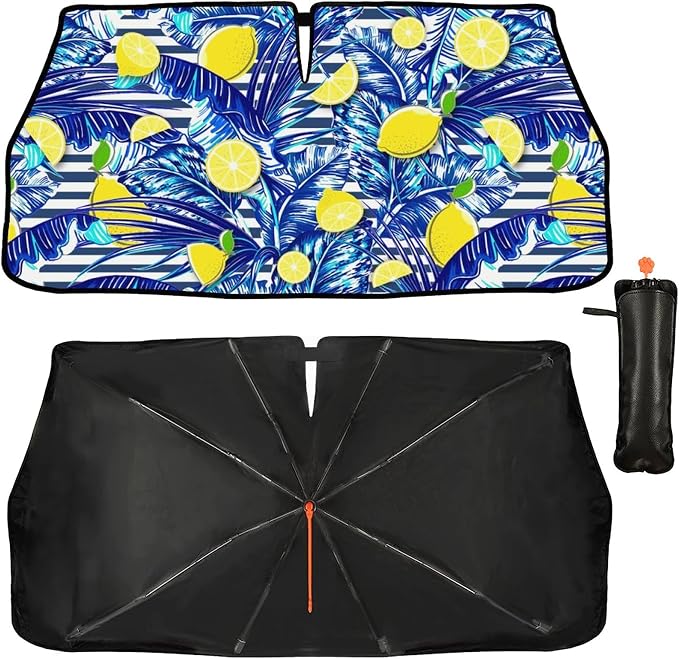 CHILL·TEK Funny Car Windshield Sun Shade Umbrella, Yellow Lemon Car Sun Shade Umbrella, Block UV Rays Heat Foldable Windshield Umbrella Sun Visor Protector - Keep Vehicle Cool for Cars SUV - Image 2