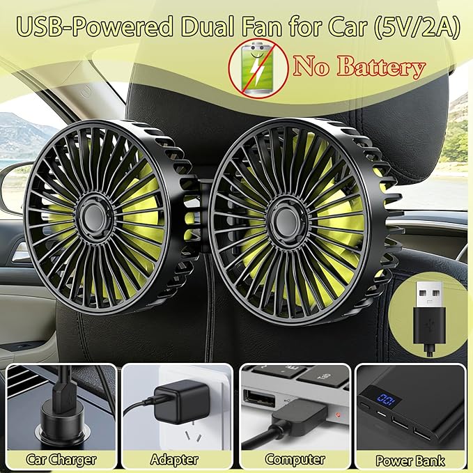Car Backseat Fans for Backseat Kids, Usb Car Headrest Fan for Car Back Seat | (No Battery) - Image 2