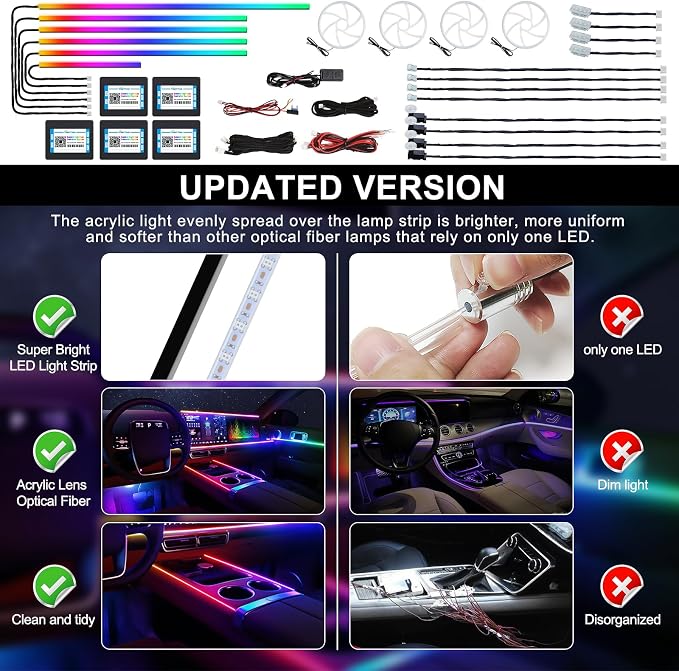 Dreamcolor Acrylic Interior Car LED Strip Light with Wireless APP, RGB 22 in 1 with 175 inches 600 LEDs Fiber Optic Car Ambient Lighting Kits, Dual Zone Sound Active Function LED Strip for Car - Image 5