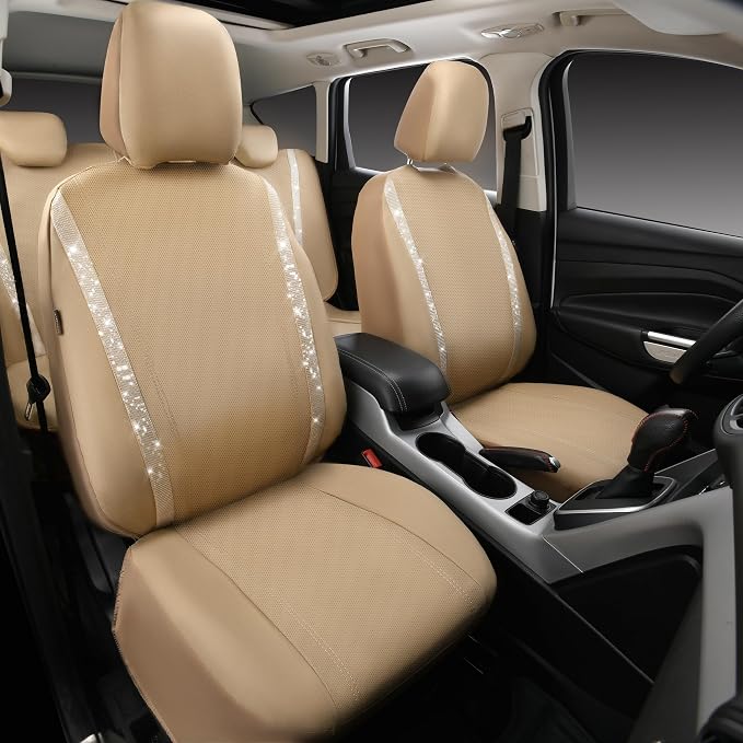 CAR PASS Bling Diamond Car Seat Covers Full Set, Shining Glitter Rhinestone Waterproof Faux Leather Interior Sets Universal Fit Automotive Glitter Crystal Sparkle Strips for Cute Women Girl, Beige - Image 2