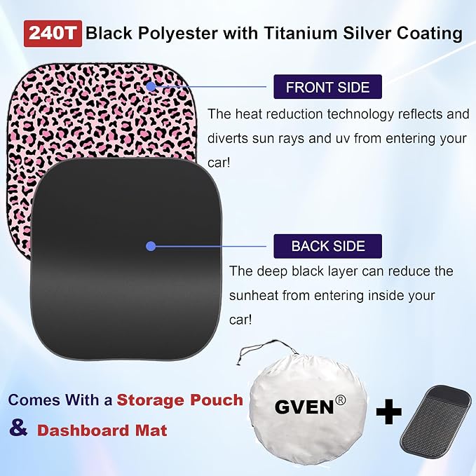 GVEN Windshield Sun Shade Car Sunshade Truck Accessories Large-Size Front Window Shades Windshield Cover Visor for Full-Size MPVs, Vans, Trucks, SUVs, Tesla (Pink Leopard, L) - Image 3
