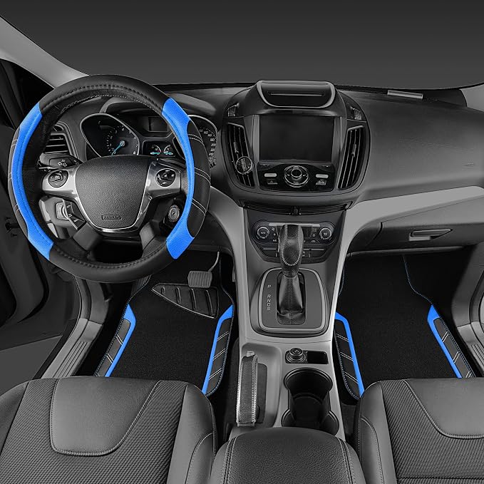 CAR PASS Leather Steering Wheel Cover and Waterproof Car Floor Mats,Microfiber Universal Car Combo Fit for 95% Sedan,SUV,Cars,14.5-15inch Sporty Anti-Slip Safety Comfortable Design(Black＆Blue) - Image 2