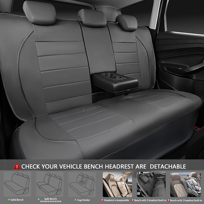 CAR PASS Piping Faux Leather Car Seat Cover Full Set,Grey Breathable Leather Seat Covers for Cars, Airbag Compatible,Universal Fit for SUVs,Van,Sedans,Small Trucks (Full Set, All Gray) - Image 5