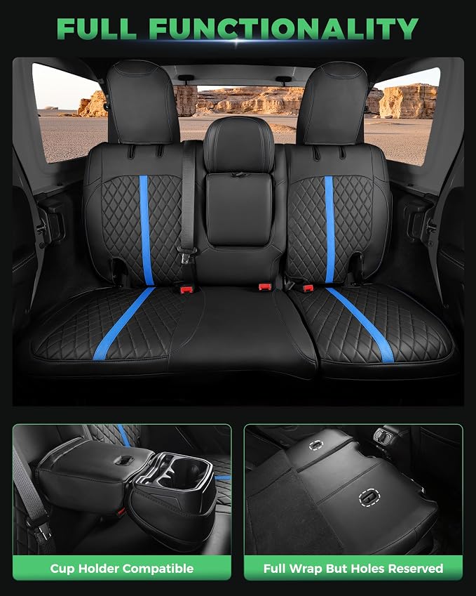 RIDEPOSH for Jeep Wrangler Leather Custom Car Seat Covers Full Set 4 Door | 2018-2026 JL, with Rear Cup Holder, Not for 4XE, Luxury Waterproof Protector, 40/60 Spilt, 5 Seats, Full Coverage, Durable - Image 5