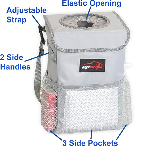 EPAuto Waterproof Car Trash Can with Lid and Pockets, 2.5 Gal, Gray | Leakproof, Collapsible Multipurpose Car Bin with 3 Side Storage Pockets, Adjustable Straps - Image 4