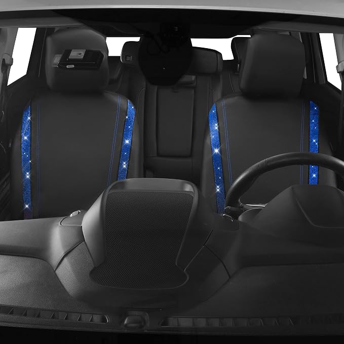 CAR PASS Leather Diamond Bling Car Seat Covers 2 Front Interior Sets, Waterproof Universal Shining Glitter Crystal Sparkle Fit for 95% Automotive Truck SUV Cute Women Girl, Black Blue Rhinestone - Image 7