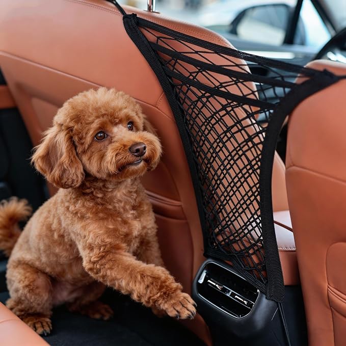 3-Layer Car Mesh Organizer - Backseat Storage & Pet Barrier for Small Dogs | 11"x8.3" net fits headrests or between seats. Holds bottles, umbrellas, tissues, toys. Keeps small dogs (<22lb) from front. - Image 7