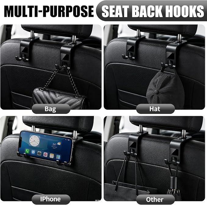 ZSDY Car Seat Headrest Hooks Heavy Duty Vehicle Back Seat Storage Organizer Hanger for Purse Grocery Bags Coat Universal Car Interior Accessories 4 Pack, Black - Image 4