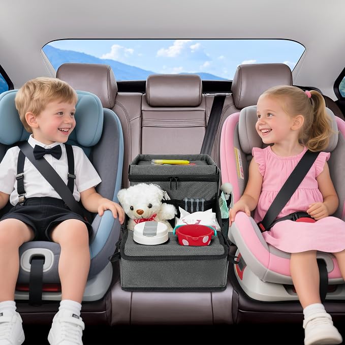Backseat Organizer for Kids & Adults – Car Seat Cooler Warmer with 2-in-1 Writing Tray, Cup Holders & 11 Storage Compartments | Road Trip Car Organizer for Front & Back Seat (Grey) - Image 2