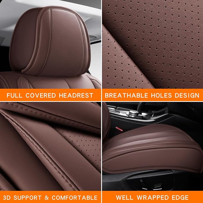 MINGBRON Car Seat Covers Full Set, Car Seat Cover Lumbar Support, Car Seat Protector Waterproof, Nappa Leather Car Seat Cushion, Front Seats and Back Fit for Most Cars Brown - Image 7