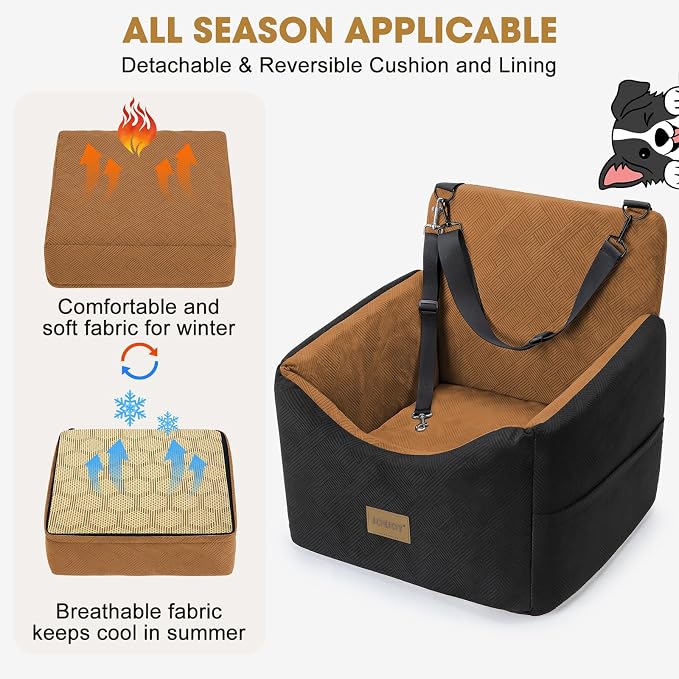 JOEJOY Dog Car Seats for Small Medium Dogs Under 35lbs, Dog Booster Seat with Detachable Washable Cover and Cushion, Memory Foam Pet Car Seat with Safety Belt and Storage Pockets (Brown) - Image 3