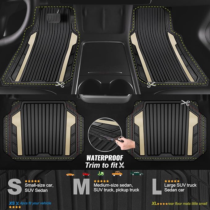 CAR PASS Heavy Duty Rubber Car Mats Metallic, Aluminum Film All Weather Floor Mats Waterproof Universal Trim to Fit for SUV Sedan Van 4 Piece Deep Dish Two-Tone Sporty Black Golden Chrome - Image 4