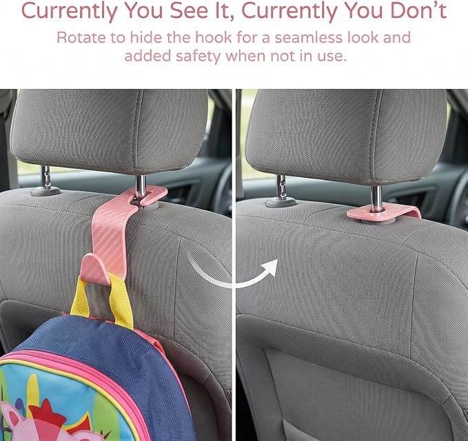 4 Pack Headrest Hooks for Vehicle Seats, Carbon Fiber/Pink | rear-row hanging storage, supports bags coats and groceries, fits matching headrest posts, interior accessory - Image 5