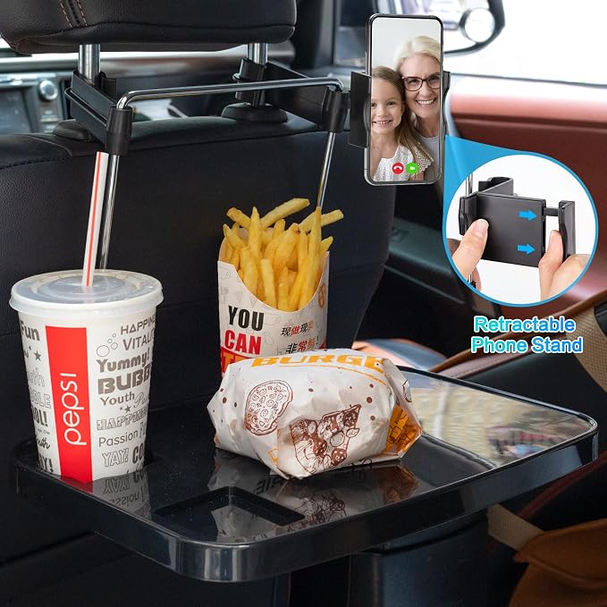 Foldable Car Seat Back Portable Tray with Phone Mount for Food Dining Drink and Laptop, Hanging Car Steering Wheel Tray(Upgrade) - Image 2