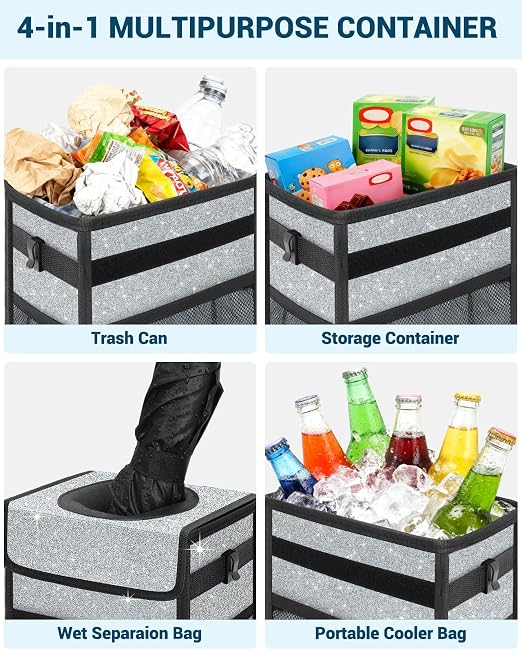 Capolo Car Trash Can with Lid, Leakproof Car Garbage Can Car Trash Bag | Trash Can for Car, 3 Mesh Pockets, Mini Hanging Vehicle Car Trash Bin, for Back/Front Seat (Silver Glitter,2.5 Gal) - Image 5
