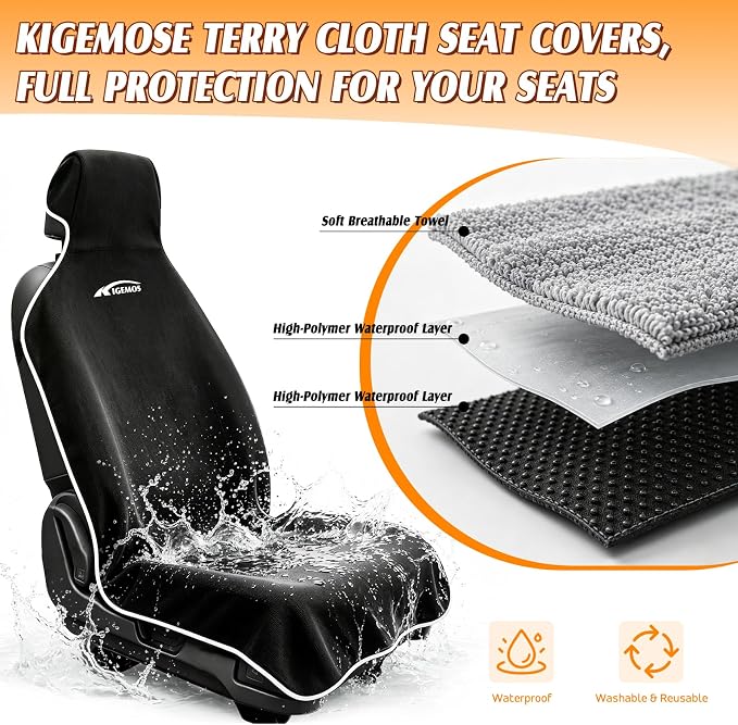 2 Pack Towel Car Seat Covers, Waterproof Washable Front Seat Protectors with Soft Terry Cloth, Non-Slip Backing, Universal Fit for Cars SUVs Trucks,Gym,Beach,Pets, Kids,Road Trips (Black) - Image 4