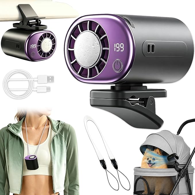 360 Rotating Semi-Cooling Clip Fan for Car, Mini Ac Unit for Car with 199 Speeds Adjustable USB Rechargeable Led Display, Portable Clip On Ac for Cars, Neck, Waist, Office, Stroller, Outdoor (Gray) by Unknown