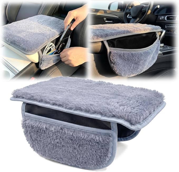 Plush Fuzzy Fur Car Armrest Cover with Side Pockets,Grey | Fluffy Armrest Cushion Pad,Soft Center Console Cover,Car Interior Storage Accessories ,for Most Car Decoration Protector by Unknown
