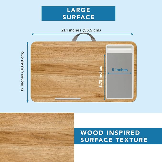 LAPGEAR Home Office Lap Desk – Oak Woodgrain, Fits 15.6” Laptops | Built-In Mouse Pad & Phone Slot, Integrated Device Ledge, Dual-Bolster Microbead Cushion, Carry Handle - Image 5