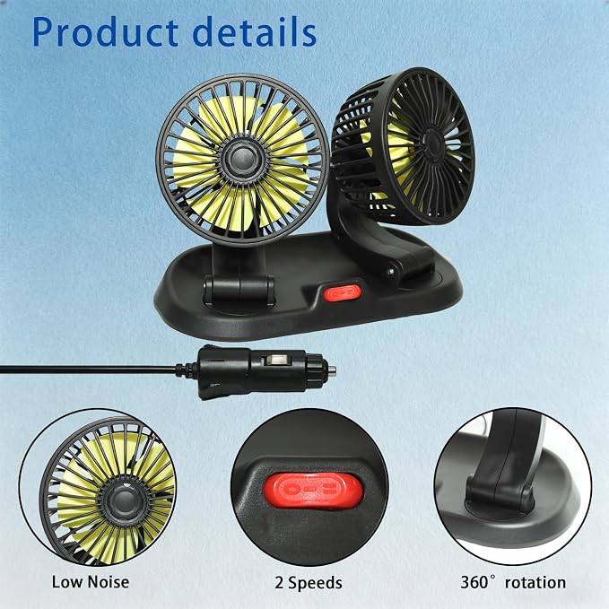 Dual Head Car Cooling Fan 12V-360°Rotation,2 Speeds,Dashboard Fans for Sedan/SUV/RV/Truck/Van Vehicles,Cigarette Lighter Plug (2-Head 12V) - Image 7