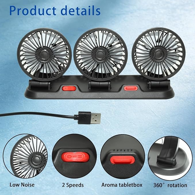 Portable 3-Head Car Cooling Fan-Brushless Motor-2 Speeds, 360 Rotation, for Car Dashboard, Powerful Cooling Solution for SUV/RV/Truck/Sedan/Cruise/Office,USB Powered (3-head 5V) - Image 8