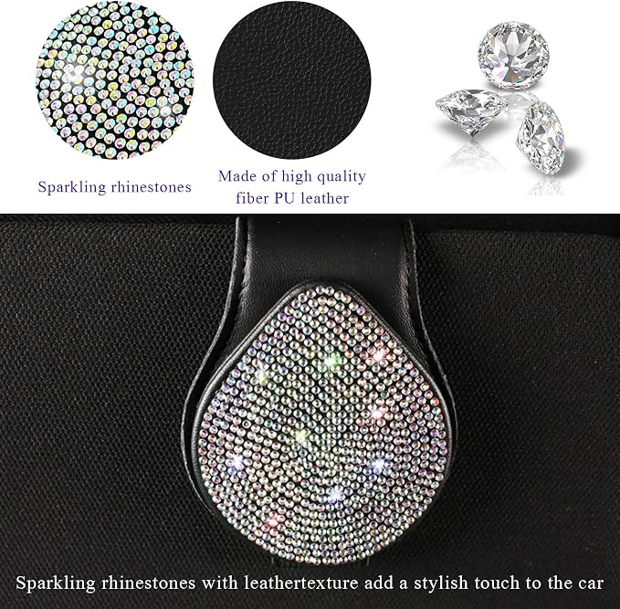 KVAEY Bling Sunglass Holder for Car Visor, Magnetic Leather Visor Clip Glasses Holder with Sparkling Rhinestones, Crystal Visor Ticket Card Clip for Women Girls, Car Accessories (Black & Colorful) - Image 3