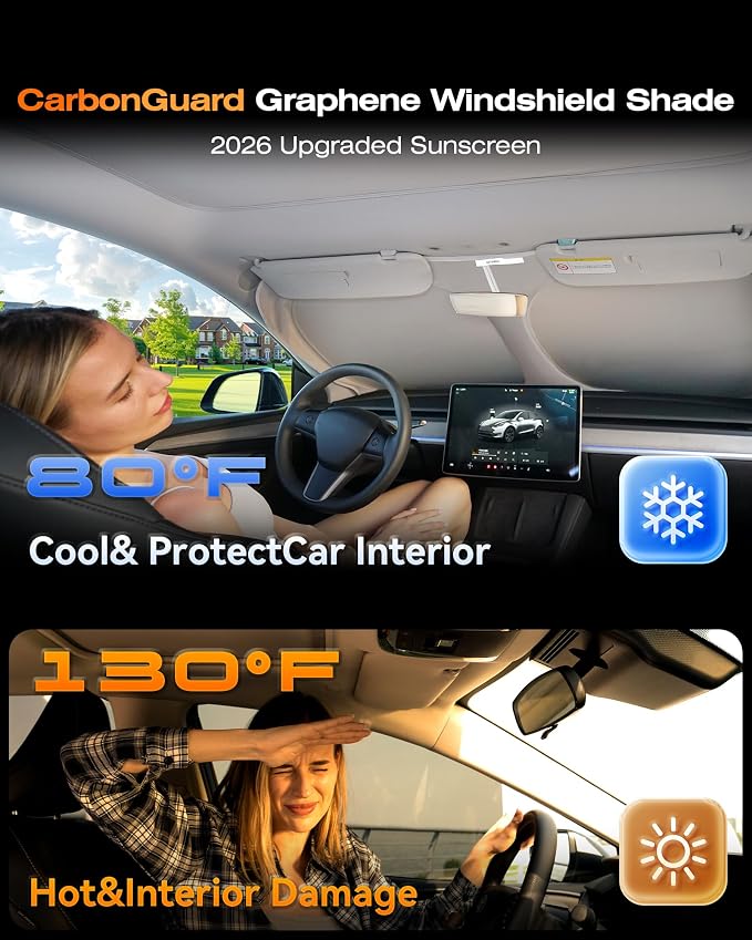 Windshield Sun Shade for Tesla Model 3/Y 2014-2026, Foldable, Car Accessory | Graphene Activated Carbon, Odor-Absorbing, UV and Heat Blocking, Storage Bag Included, Helps Keep the Parked Interior Cooler - Image 3