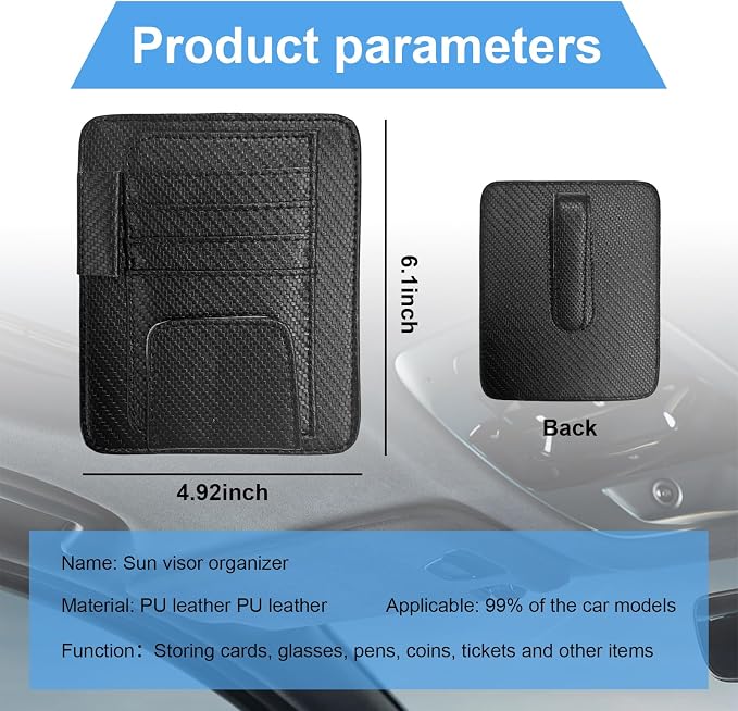 Augeny Car Sun Visor Organizer, Auto Visor Organizer and Storage, Registration and Document Holder, Vehicle Accessories for Sunglasses Document Card Pen Driver License (Carbon Fiber Black) - Image 2