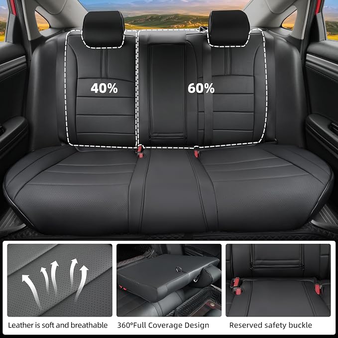 Lolcar Custom Fit Civic Seat Covers for Honda Civic Sedan 2016 2017 2018 2019 2020 2021 EX,EX-L,EX-T,Touring,LX-P,Sport - 5-Seats Leather Full Set，Black(60/40 Split Seatback-with Rear Armrest) - Image 3