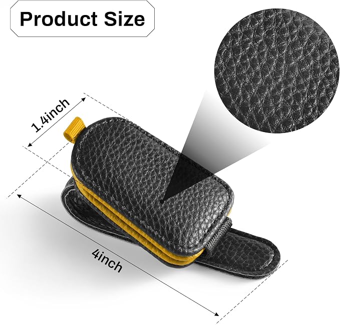 SINGARO Sunglasses Holder for Car, Leather Magnetic Buckle Sun Visor Sunglass Clip, Ticket Card Storage Glasses Clip, Car Interior Accessories for Men and Women（Black-Yellow） - Image 5