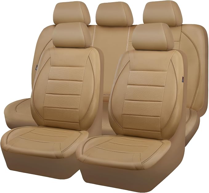 CAR PASS Piping Leather Seat Cover,Universal FIT with Composite Sponge Inside,Airbag Compatible and Reserved Opening Holes,Inside zipper for Cars,Sedan,SUV,Truck(Full Set,Beige with Tan Piping-Stripe) - Image 9