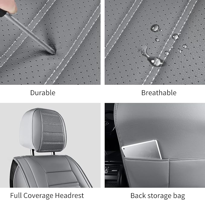 HChengkikz Front Car Seat Cover, Faux Leather, Waterproof (Gray) | Breathable, Airbag Compatible, Easy Maintenance, Universal Fit for Most Sedans SUVs Pick-ups Trucks - Image 8