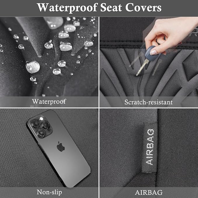 CAR PASS Neoprene Waterproof Seat Covers Two Front, Wetsuit Car Seat Covers 2pcs Universal Fit for Vans, Truck, SUV, 3D Tyre Embossed Seat Covers Anti Slip with Armrests, Aibag Compatible(Black Gray) - Image 7