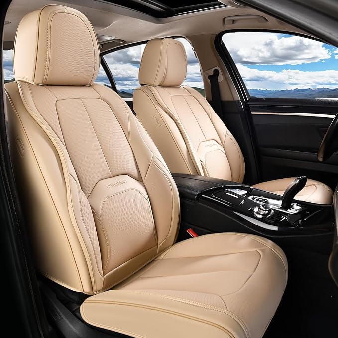 Coverado Seat Covers, Leather Seat Covers Front Seat, Luxury Car Seat Covers with Lumbar Support, Front Driver Seat Covers, Car Seat Protector Waterproof Universal Fit Most Cars(Beige) by COVERADOAUTO